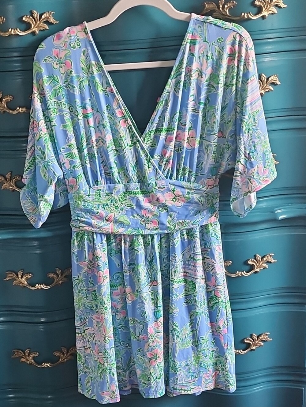 Lilly Pulitzer Blue Floral Wrap Dress with Pink and Green Accents